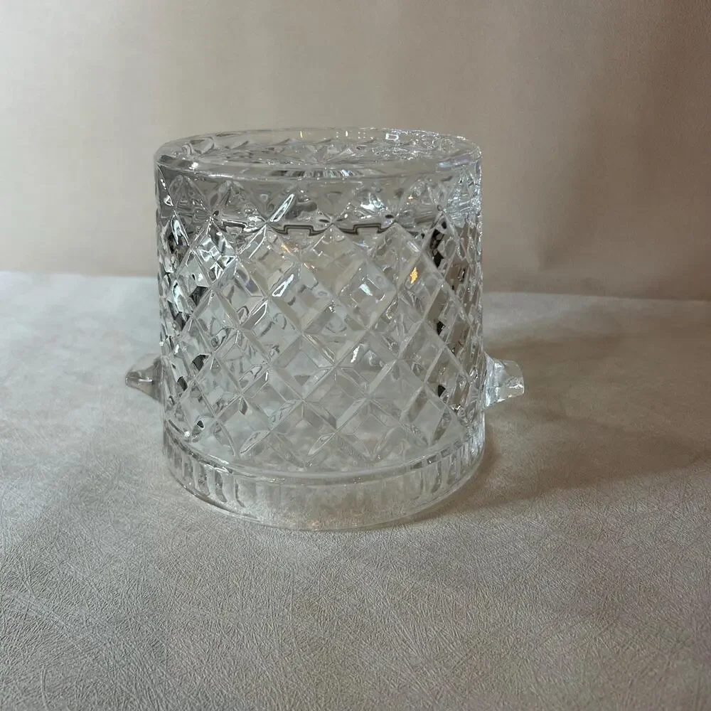 Vintage Cut Crystal Ice Bucket Elegant Diamond Pattern Barware, Utensil Holder